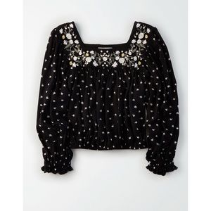 American Eagle Square Neck Embroidered Blouse